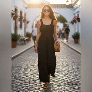 Anthropologie 100% Cotton Black Smocked Waist Boho Wide Leg Jumpsuit